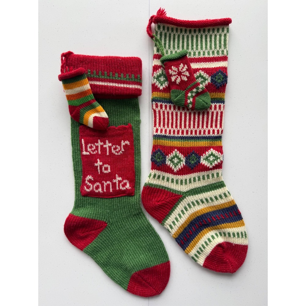 Vintage Set of 2‎ Wool Blend Crochet Christmas Stockings Fair Isle Cottagecore